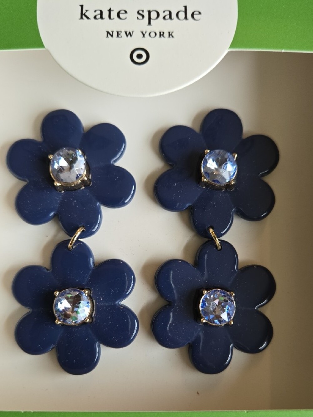 kate spade navy double flower drop earrings with crystal centers - Picture 3 of 7